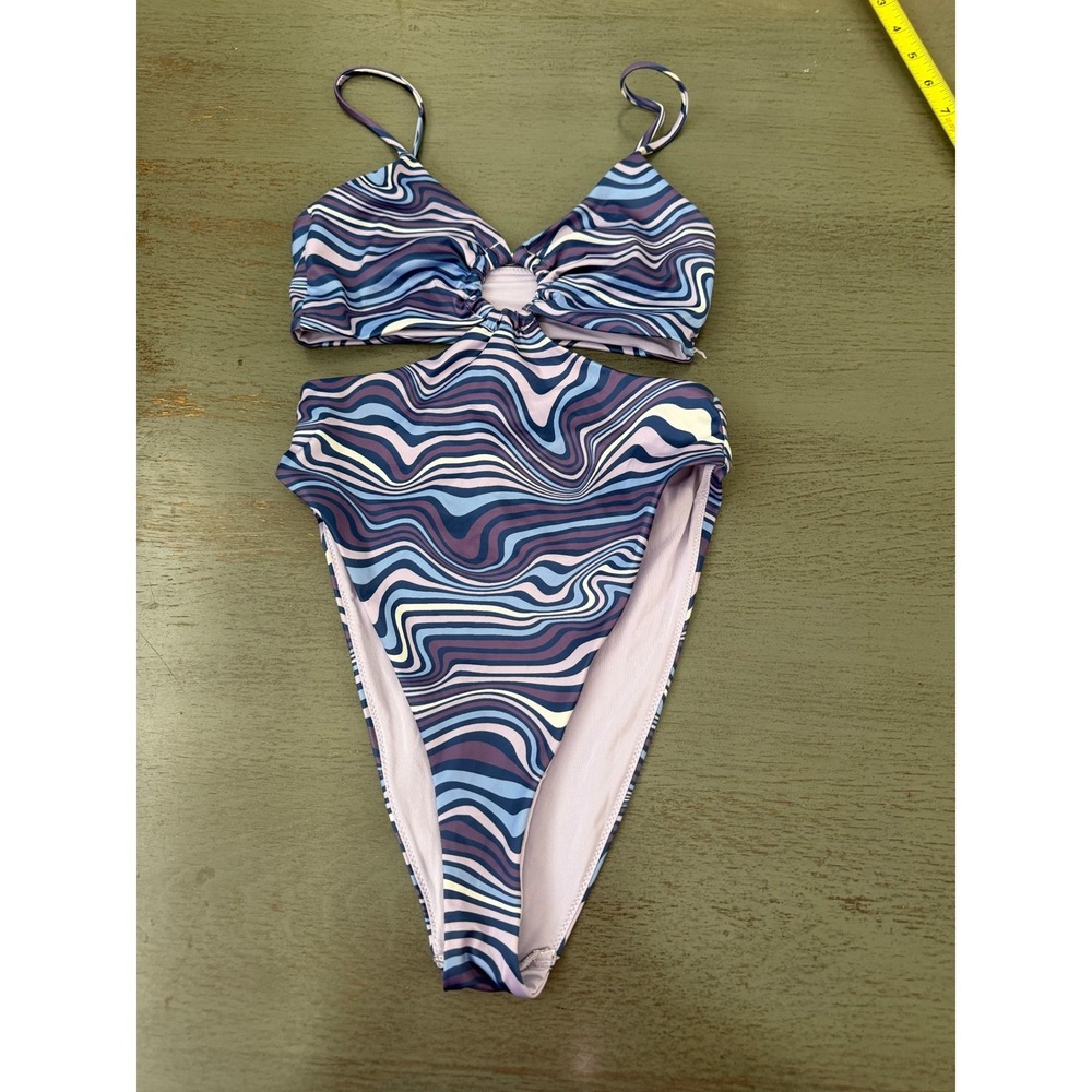 H&M Purple Blue Psychedelic Swirl Cutout Ring Monokini Swimsuit XS